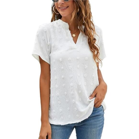 Womens White Chiffon Blouses Short Sleeve V Neck Shirts Summer Casual Polka Dot - Picture 1 of 6